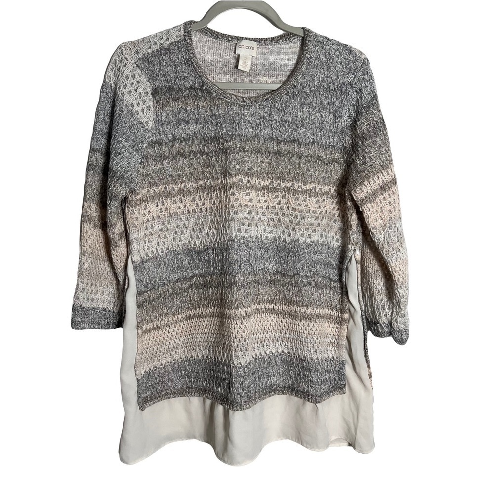 Chicos Womens Shirley Woven Knit Sweater Size 2/L Gray Nautical Lagenlook Open